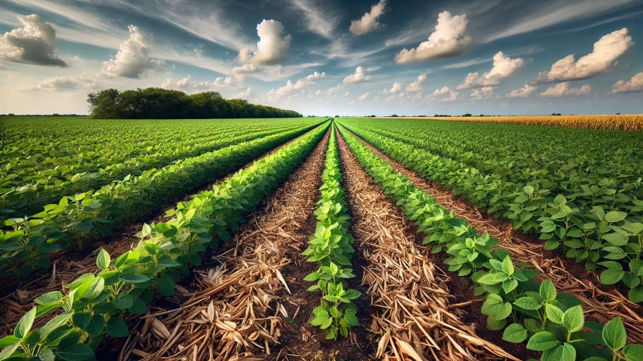 DALL·E-2024-11-20-16.24.57-A-no-till-soybean-field-during-late-summer-with-healthy-green-soybean-plants-in-even-rows-and-a-visible-residue-of-last-years-corn-crop-scattered-o